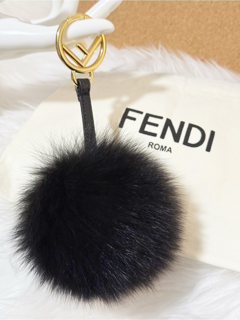 Fendi Fox Fur Black Pom Pom Keyring / Bagcharm